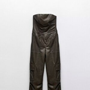 Zara Brown Faux Leather Jumpsuit with Strapless Design